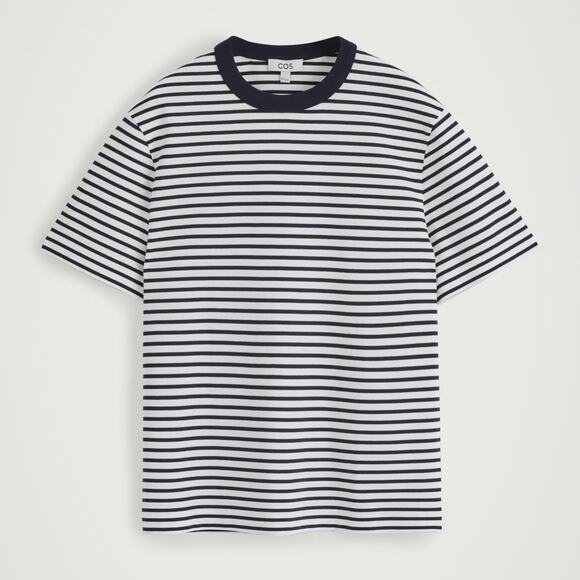 NWOT COS Relaxed Interlock Crew-Neck T-Shirt Dark Blue White Striped Cotton Sz S - Picture 1 of 16